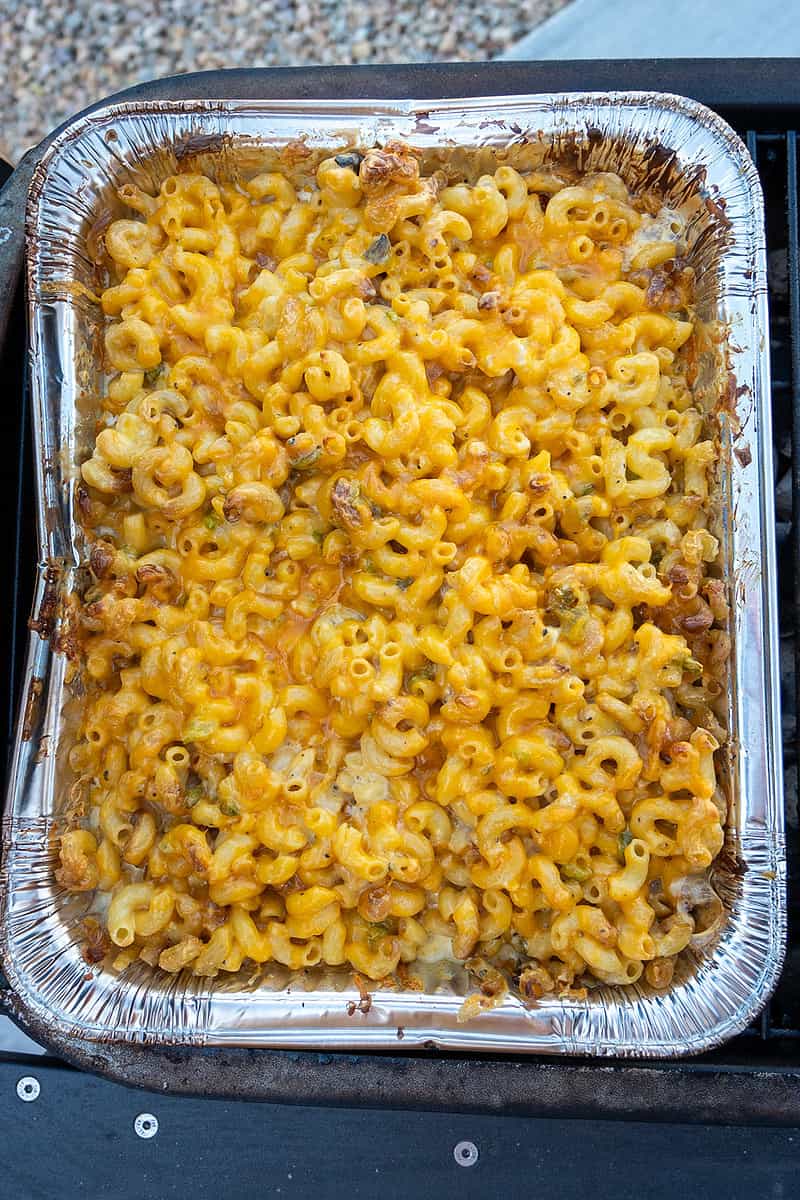 Smoked mac and cheese with a golden top.