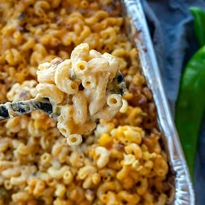 Large spoonful of creamy smoked green chile mac and cheese.