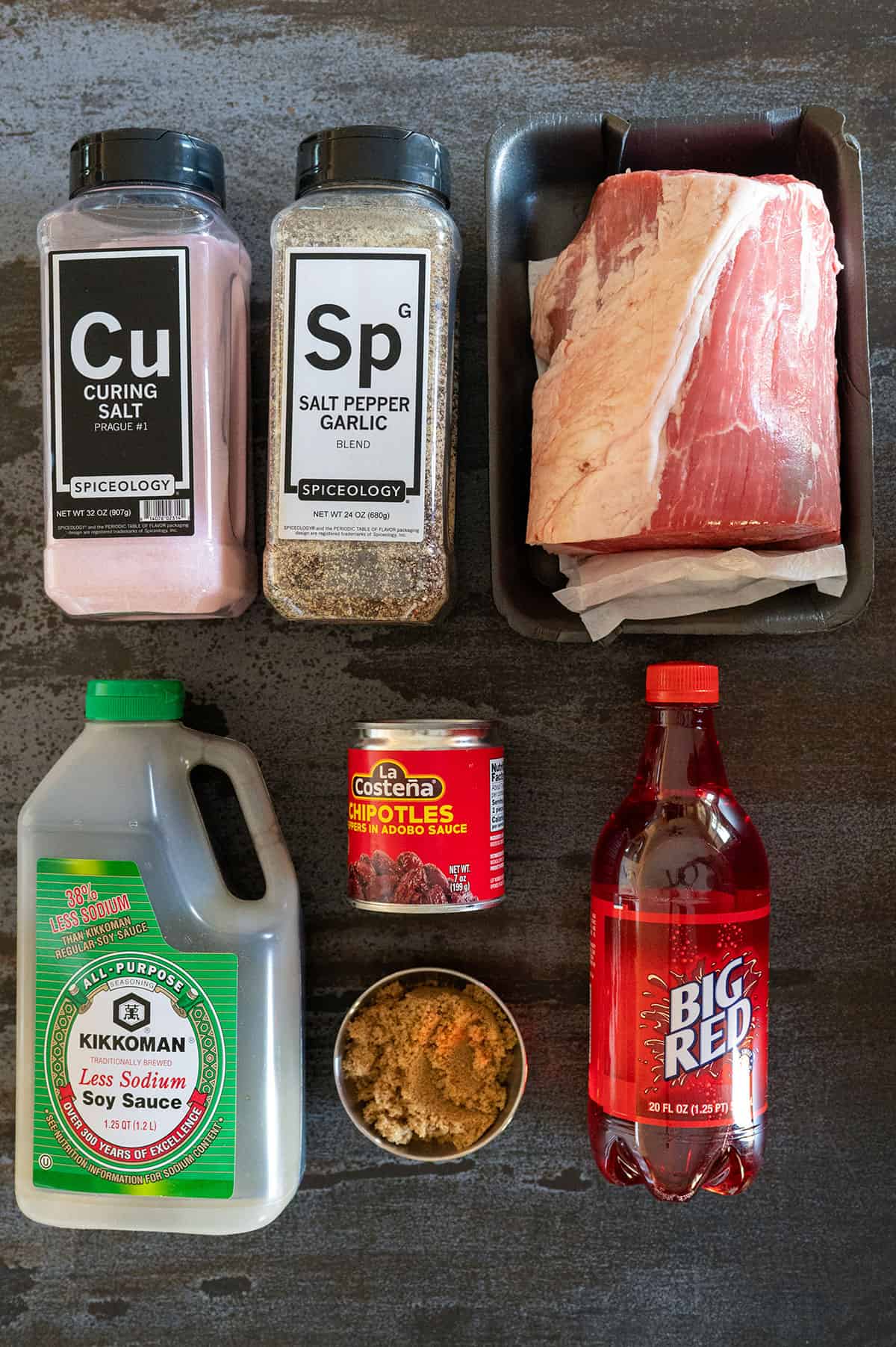 Ingredients for Big Red Beef Jerky: Big Red soda, soy sauce, eye of round roast, chipotles, brown sugar, salt pepper garlic, curing salt.