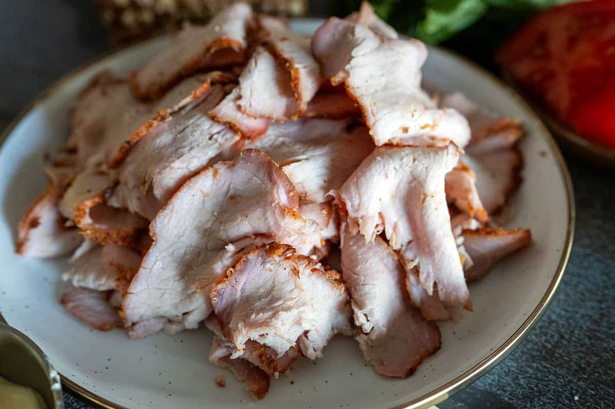 Plate of smoked pork lunch meat.