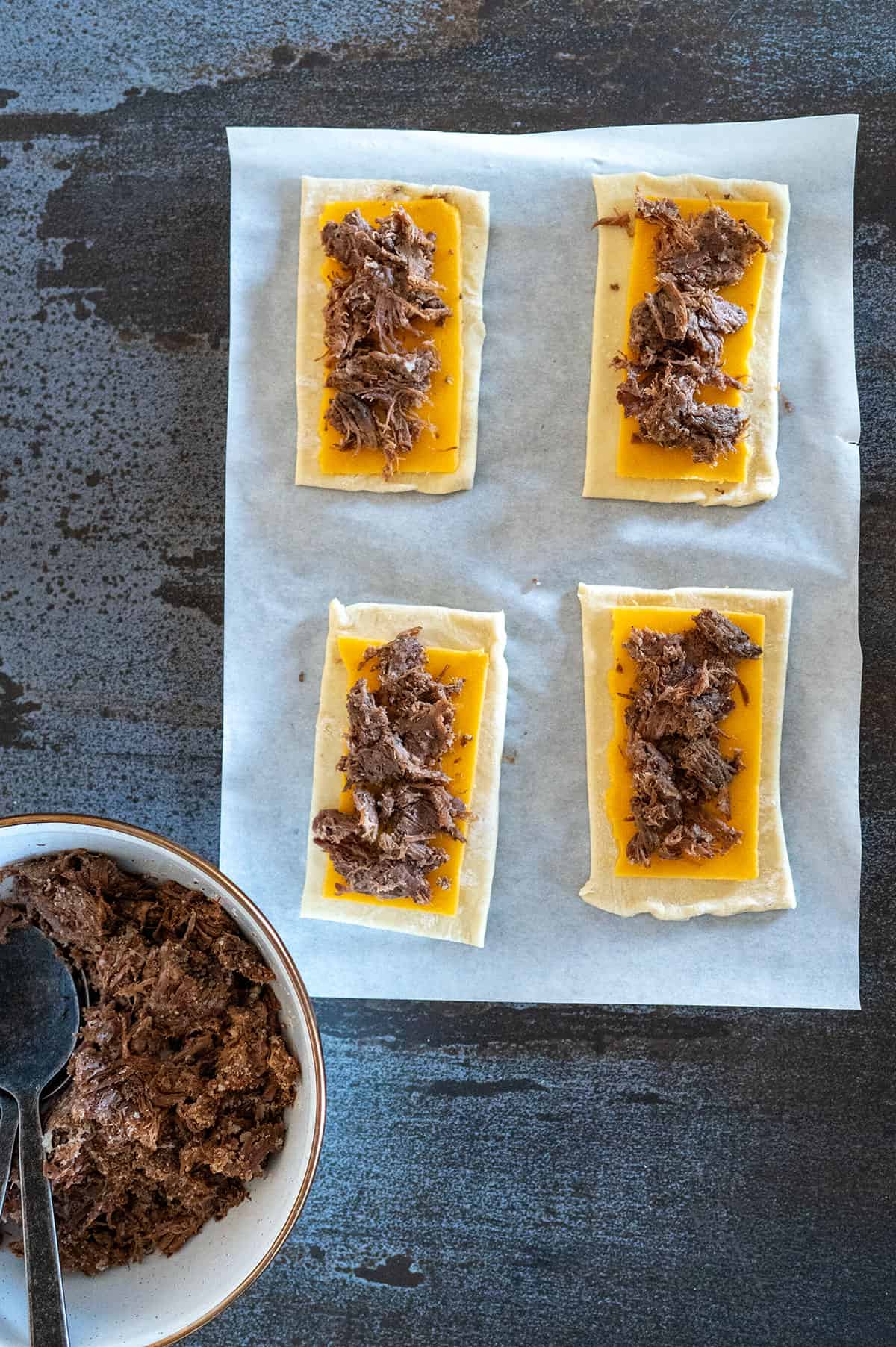 Leftover brisket on cheese.
