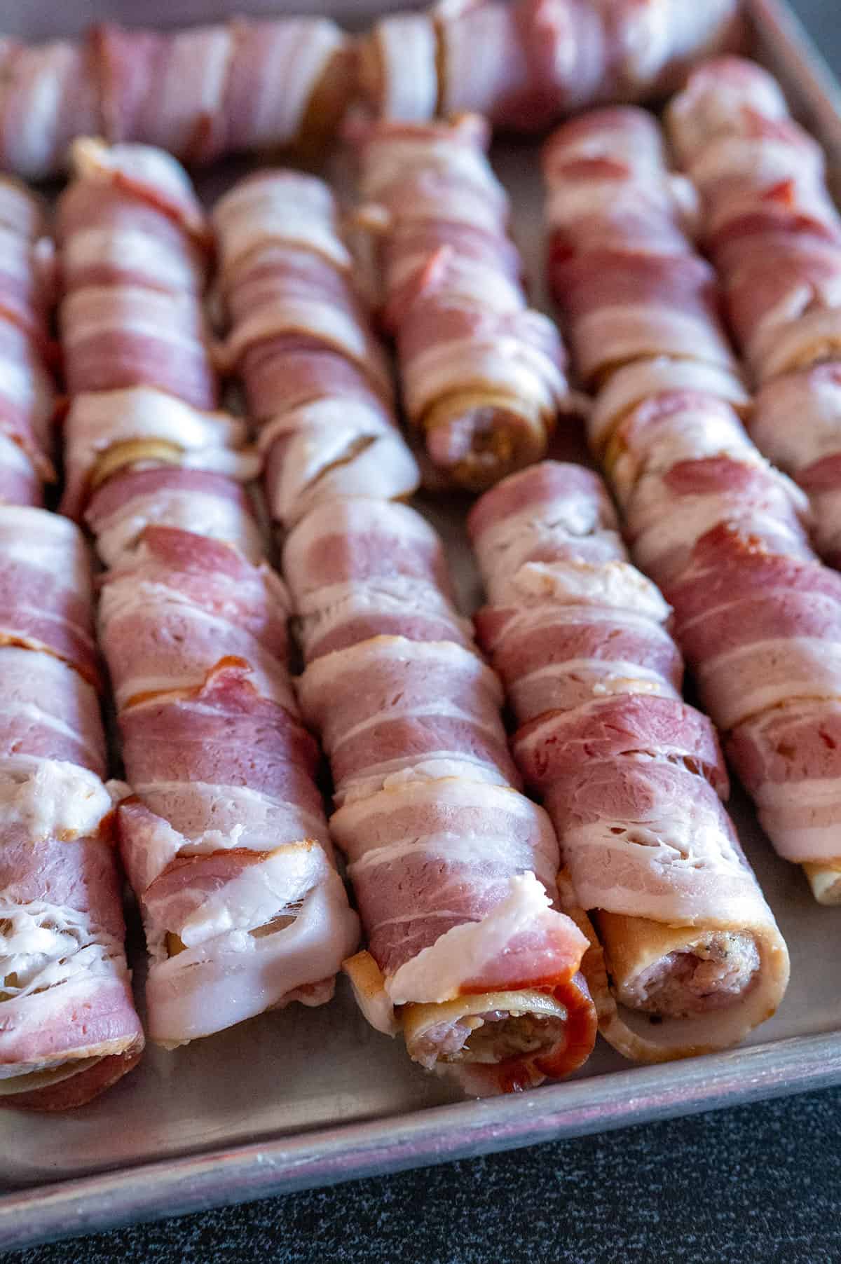 Manicotti wrapped in bacon.