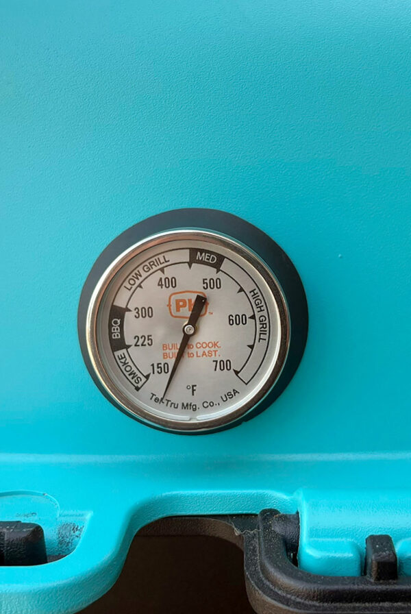 Thermometer on PK Grill showing 100F degrees.