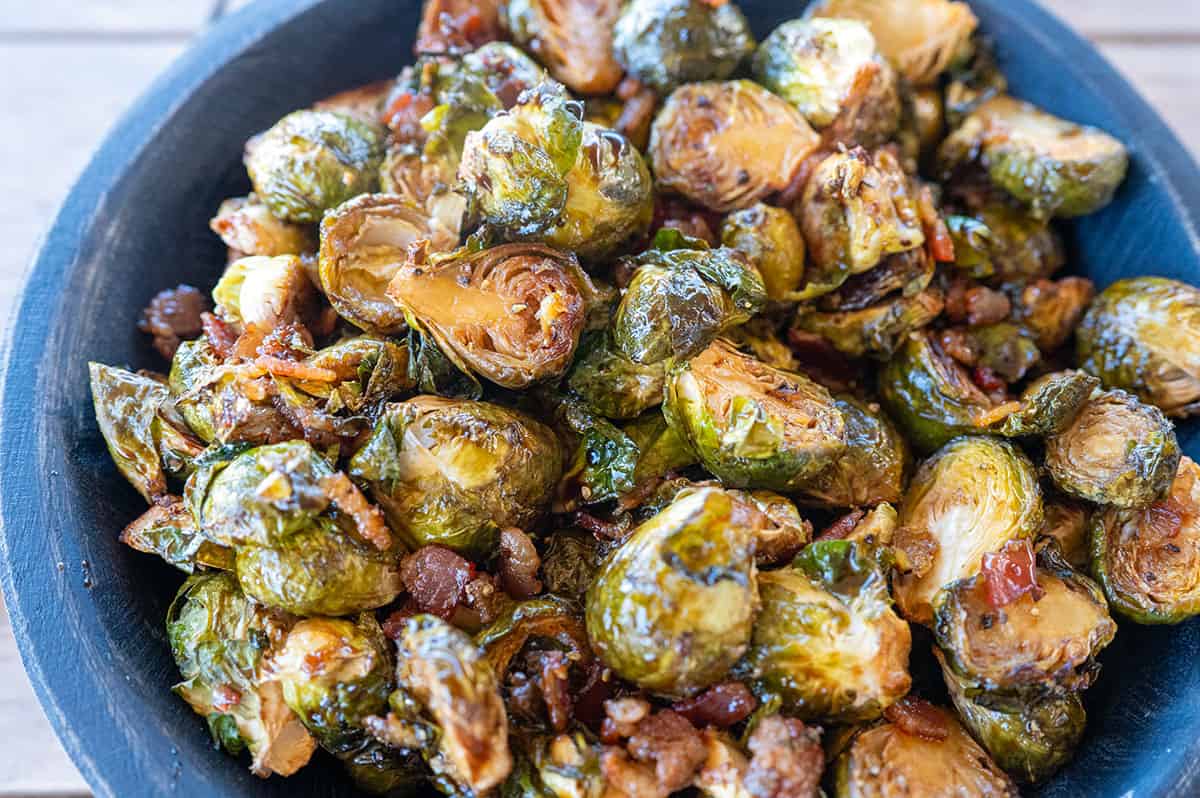 bowl of Balsamic Glazed Brussels Sprouts with Bacon.