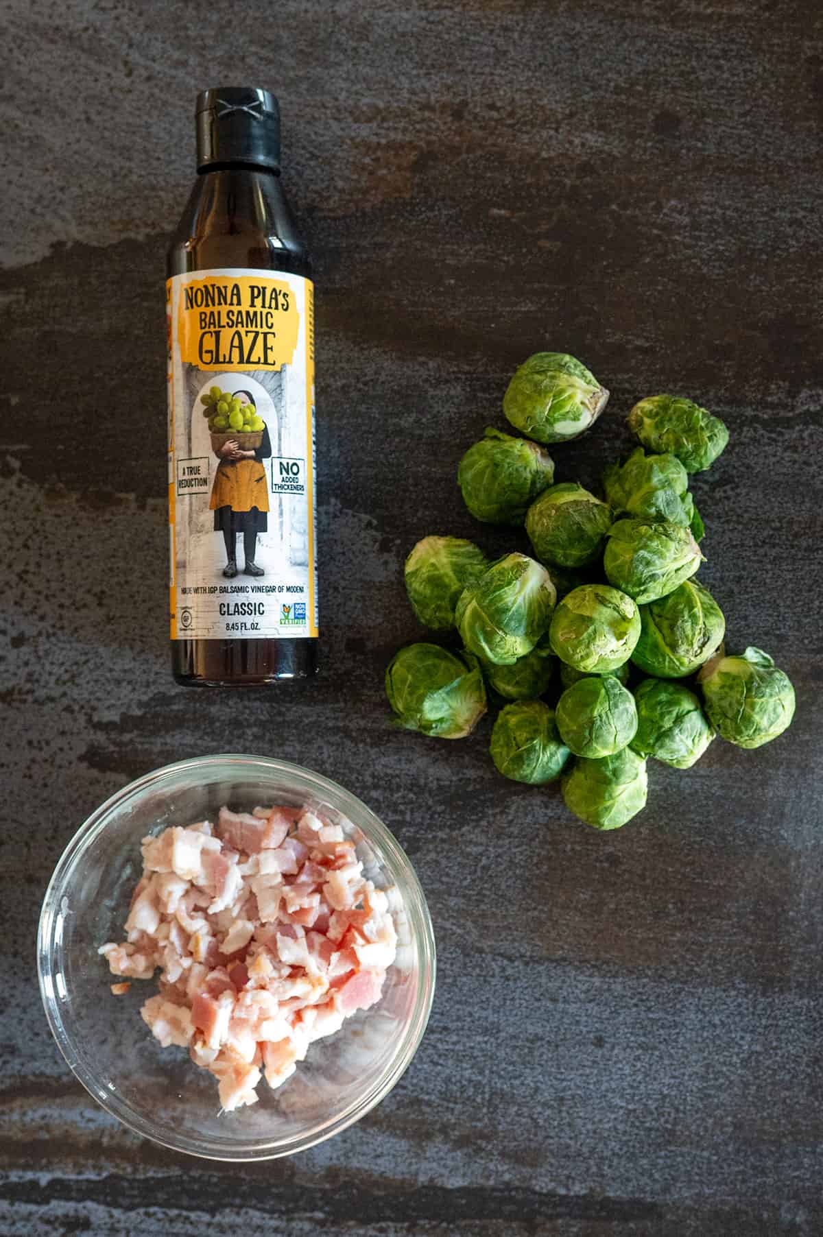 balsamic glaze, chopped bacon and brussels sprouts.