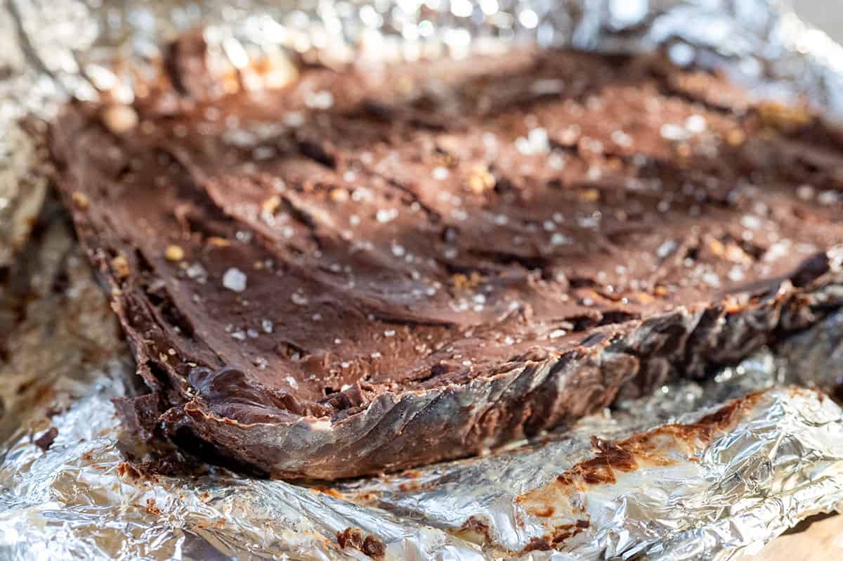 foil peeled away from chocolate fudge.