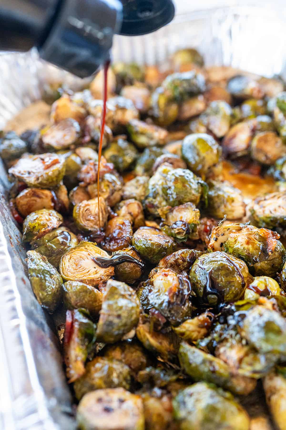 drizzling balsamic glaze on brussels sprouts.