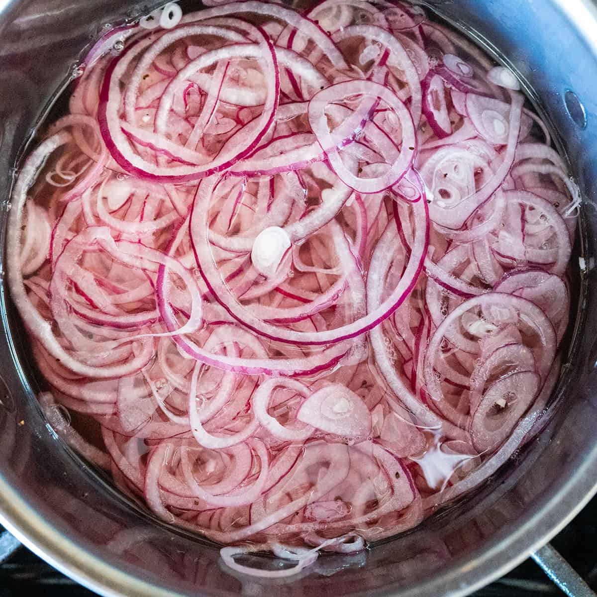 Sliced red onions in pot of brine.