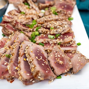 Slices of grilled tuna steaks.