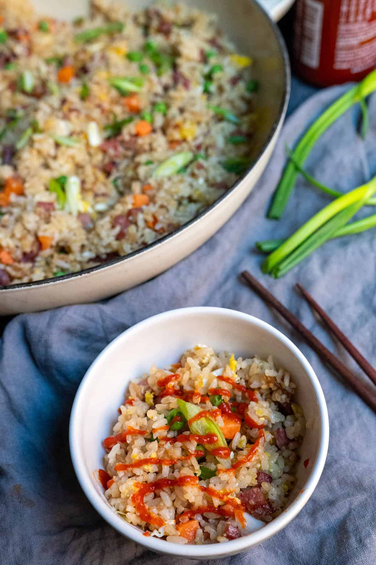 skillet and bowl of ham fried rice.