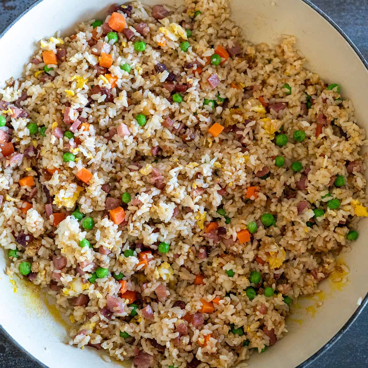 Skillet of fried rice.