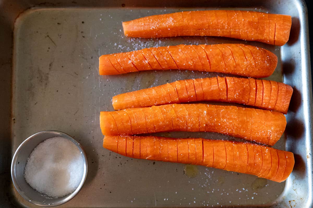 Spiral-cut carrots seasoned with olive oil and salt.