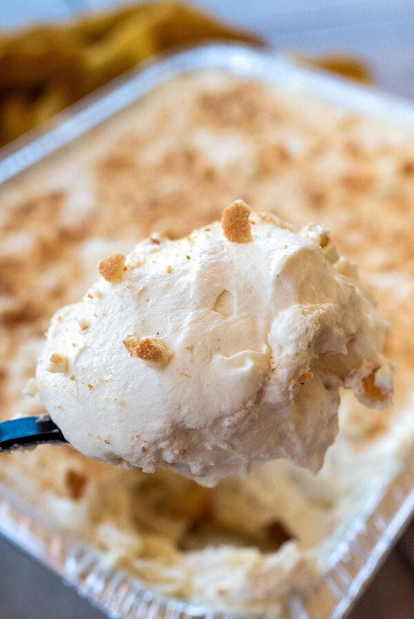 Scooping banana pudding.