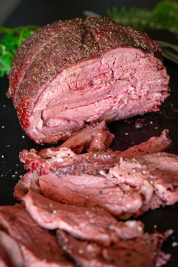 Thinly sliced smoked top round.