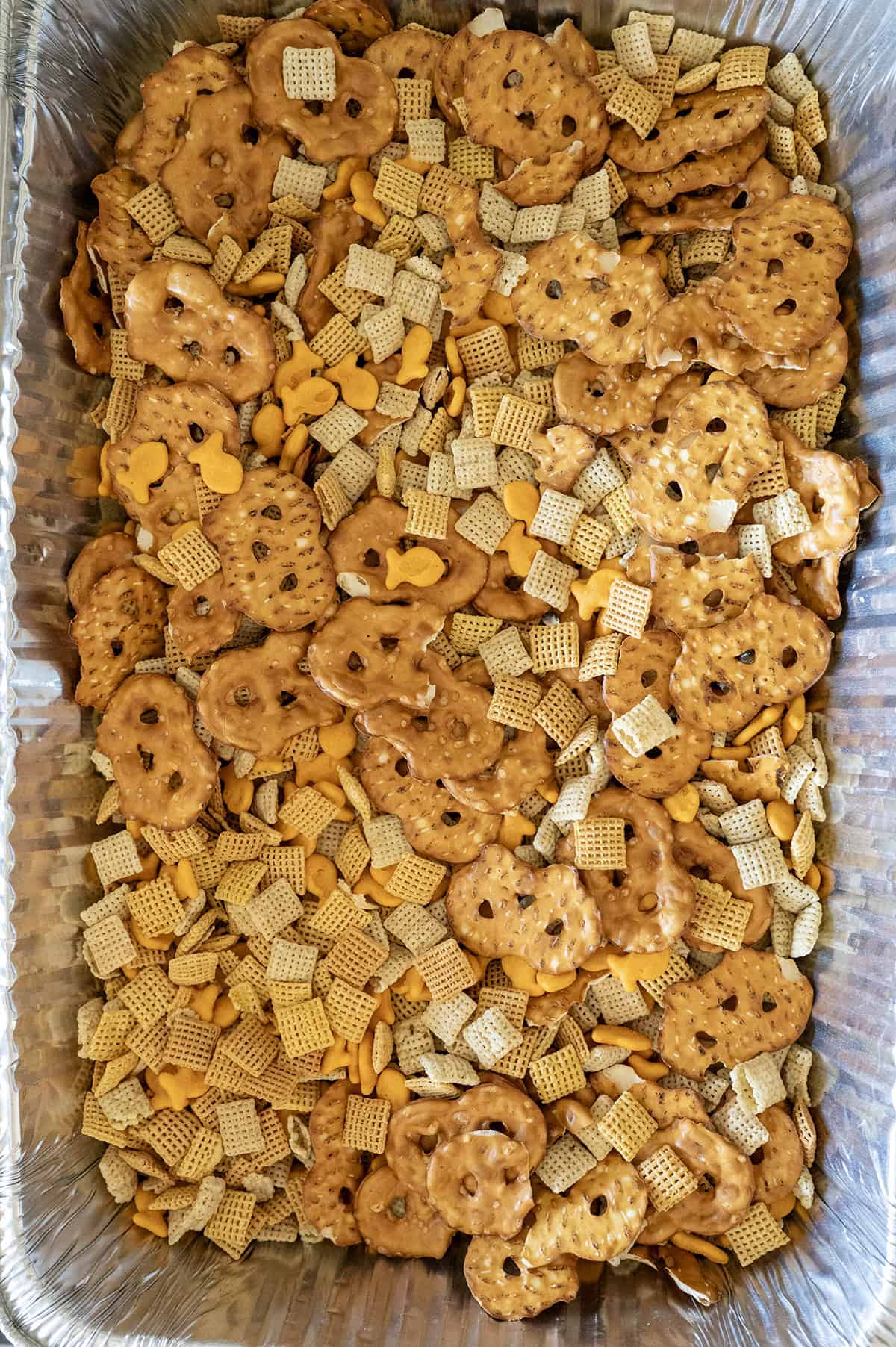 Pan of mixed chex.