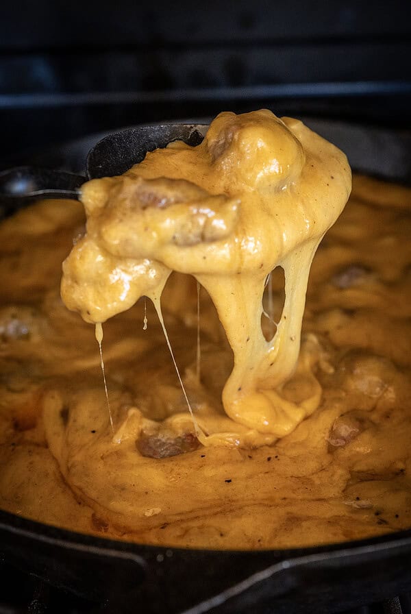 Spoonful of Smoked Beer Cheese Brat Balls.