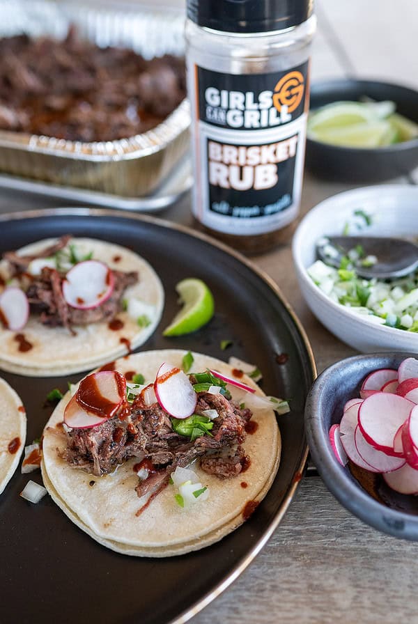 Flat brisket tacos and sides.