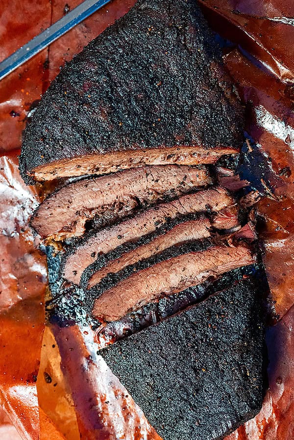 Sliced smoked brisket.