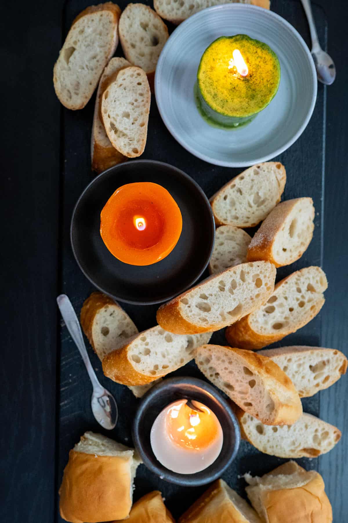 butter candle and beef tallow candle with bread.