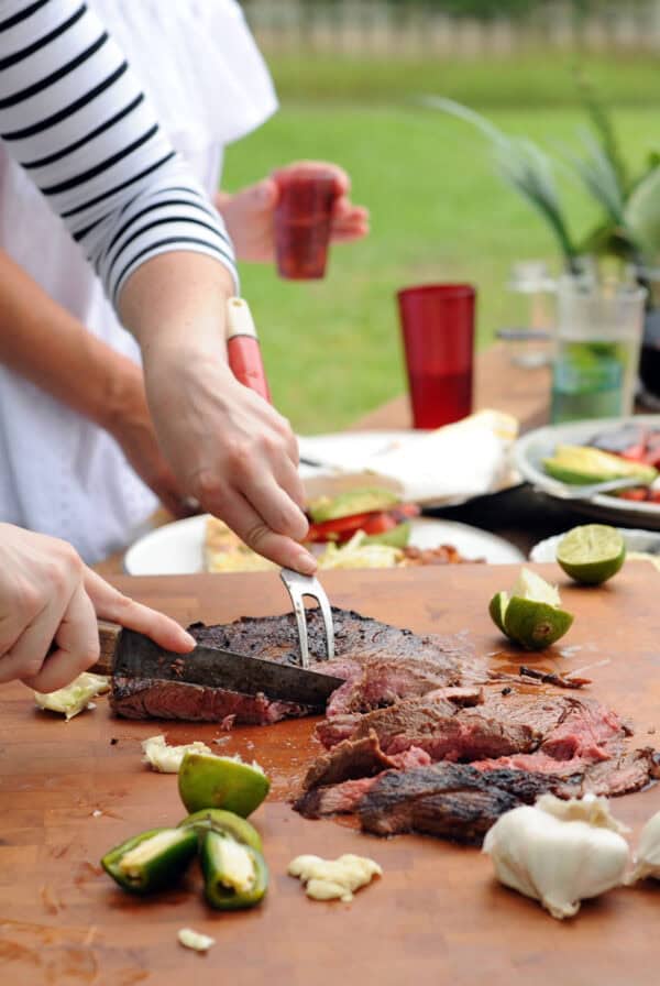 slicing steak.