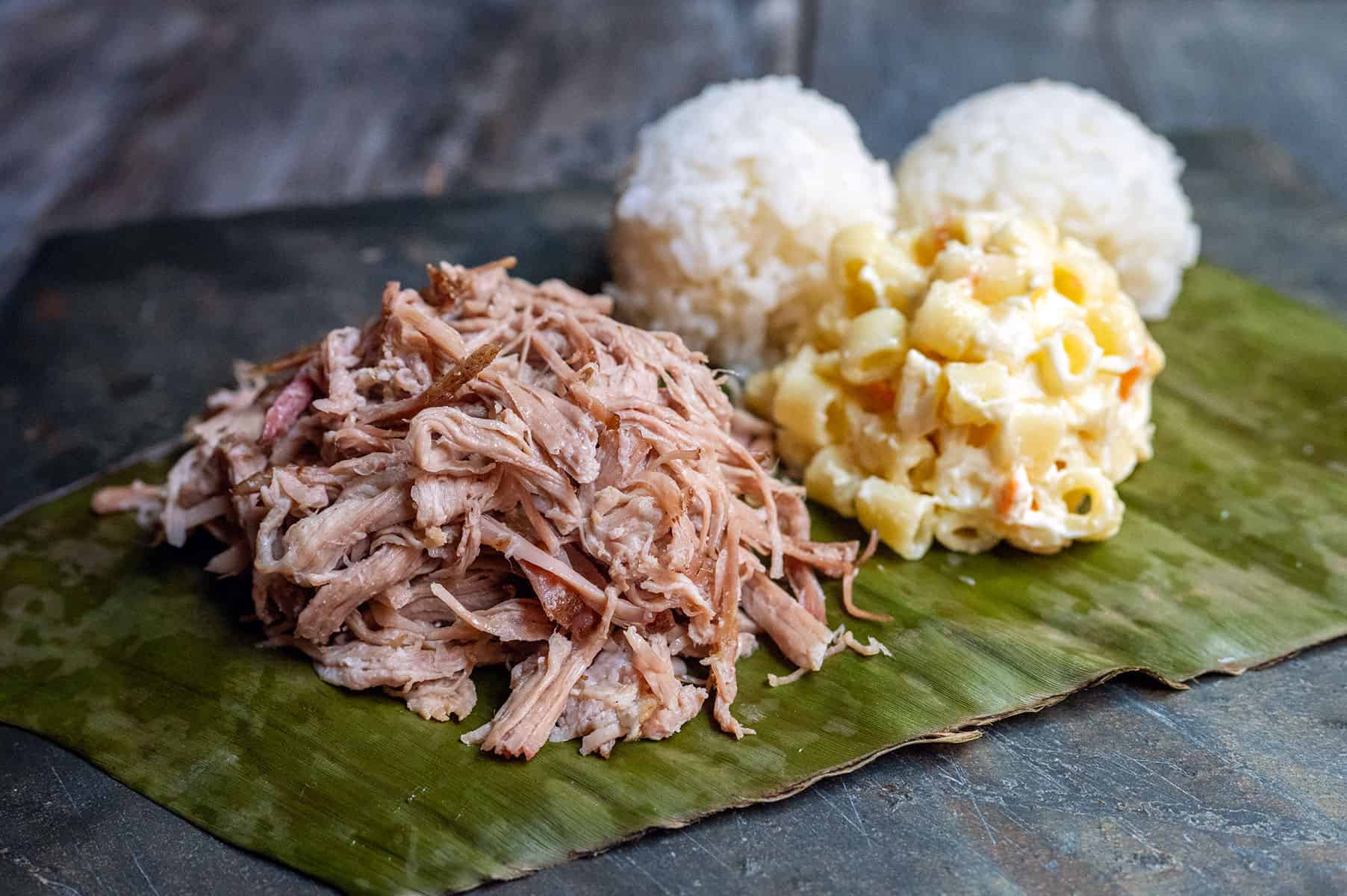 Smoked kalua pork plate lunch with mac salad and rice. 