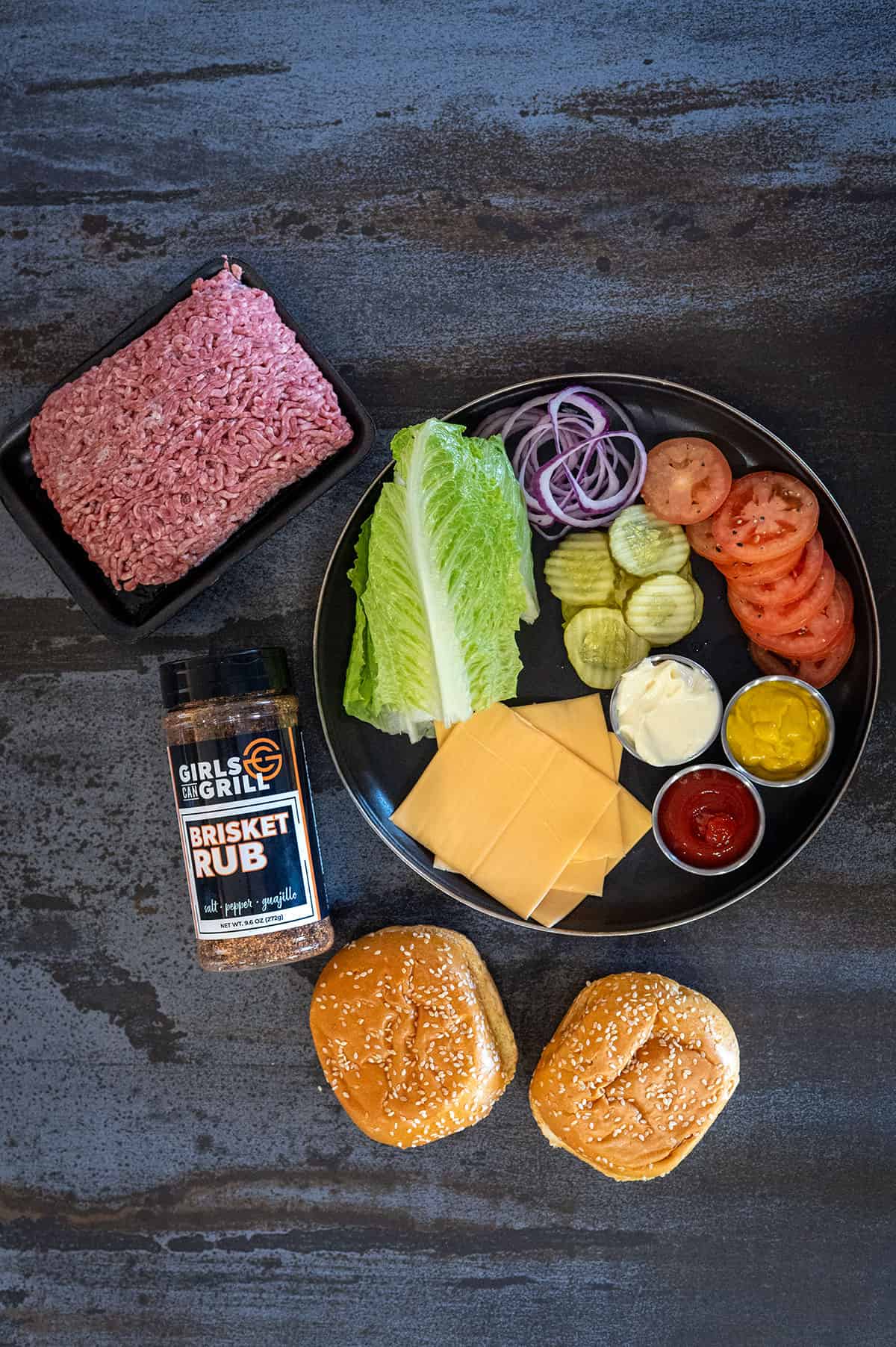 grilled burger ingredients.
