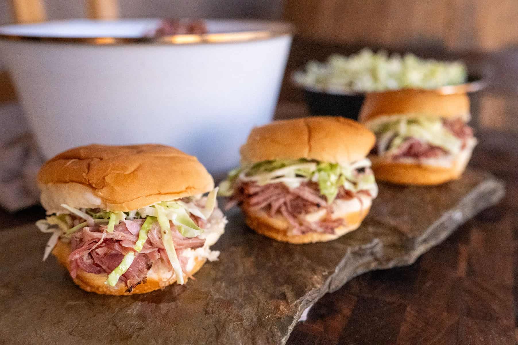 Pastrami pulled pork sandwiches.