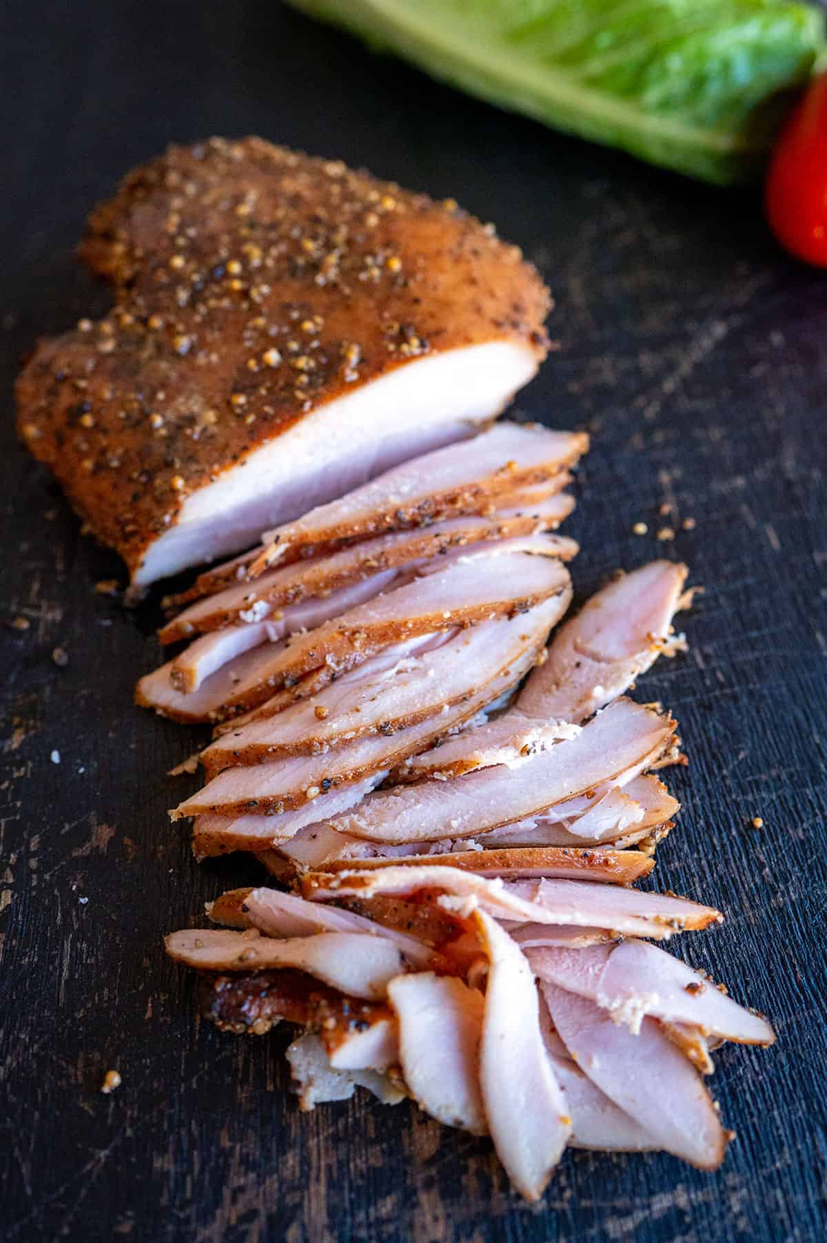 sliced smoked turkey pastrami breast.