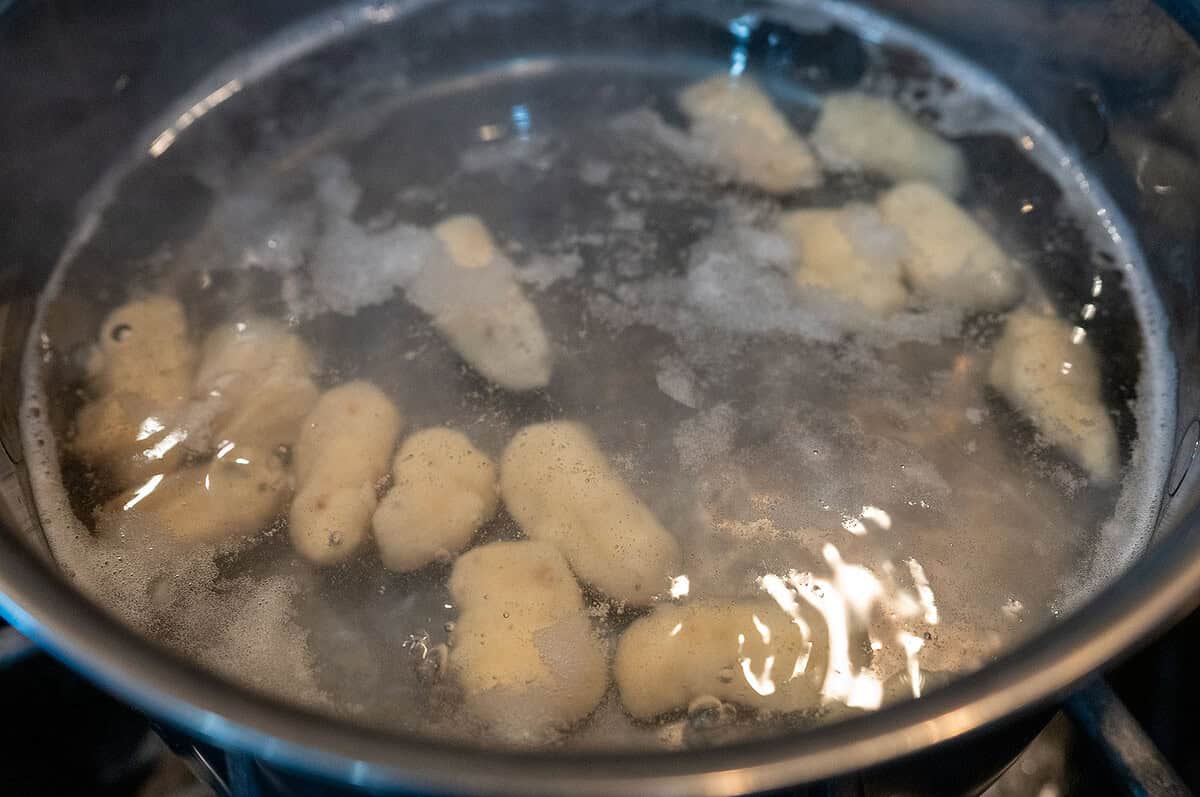 Grilled Gnocchi in boiling water.