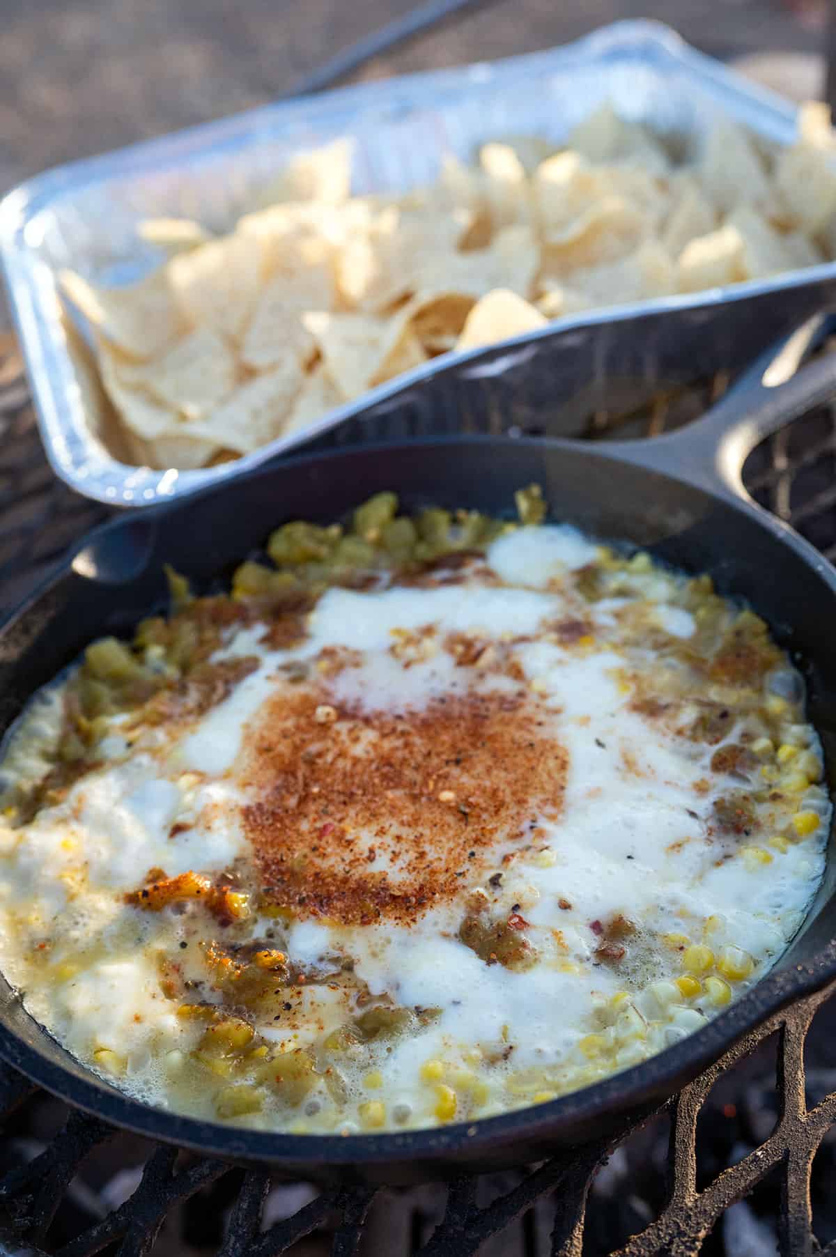 Hatch Chile Oaxaca Cheese Dip on grill.