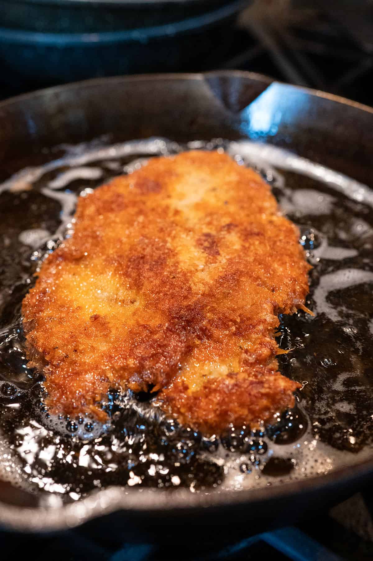 Golden fried pork schnitzel.