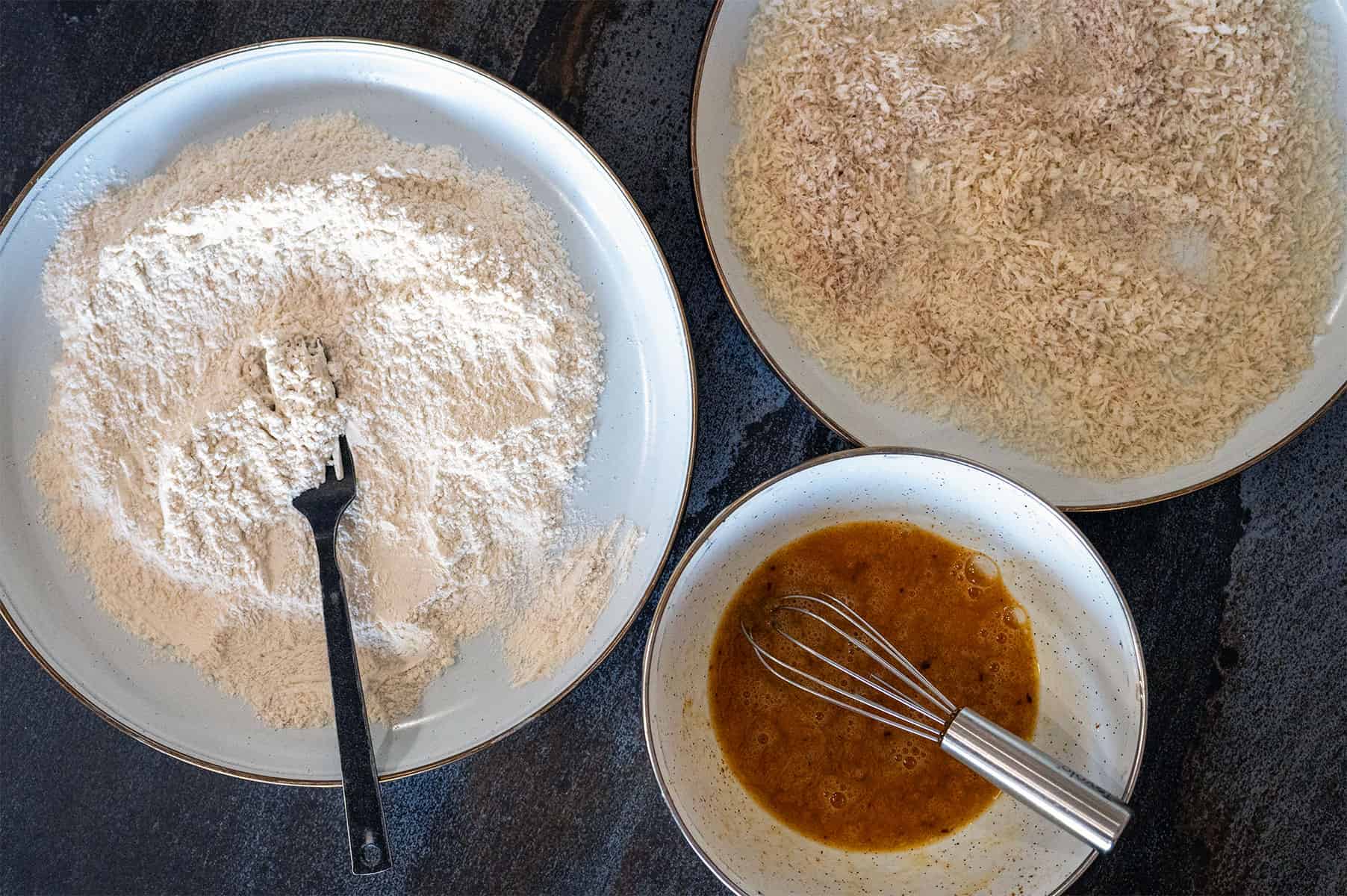 seasoned flour, egg and butter.