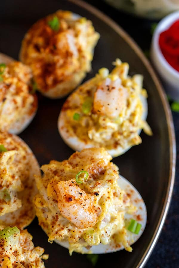 Platter of Seafood Salad Deviled Eggs.