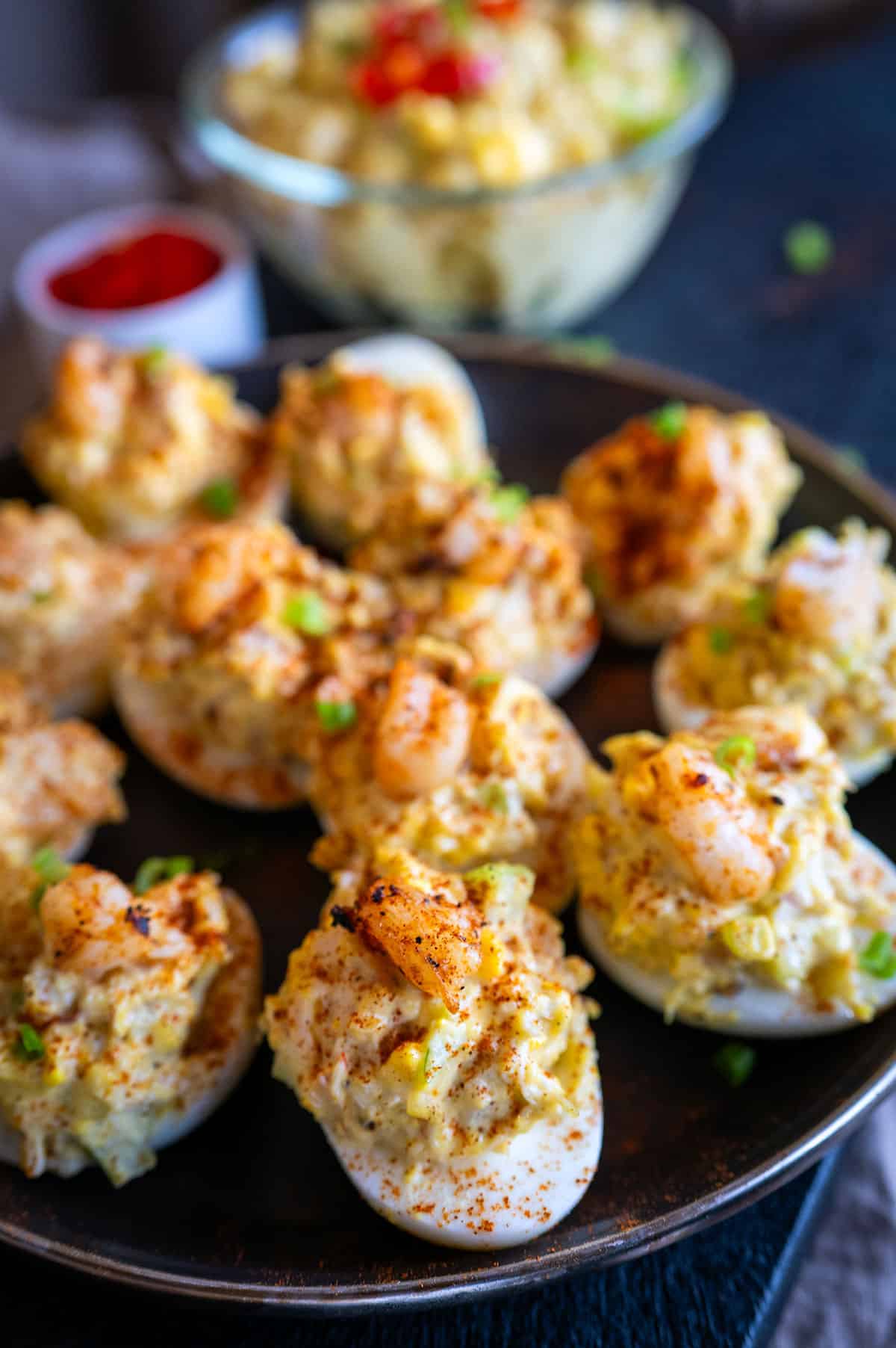 Platter of Seafood Salad Deviled Eggs.