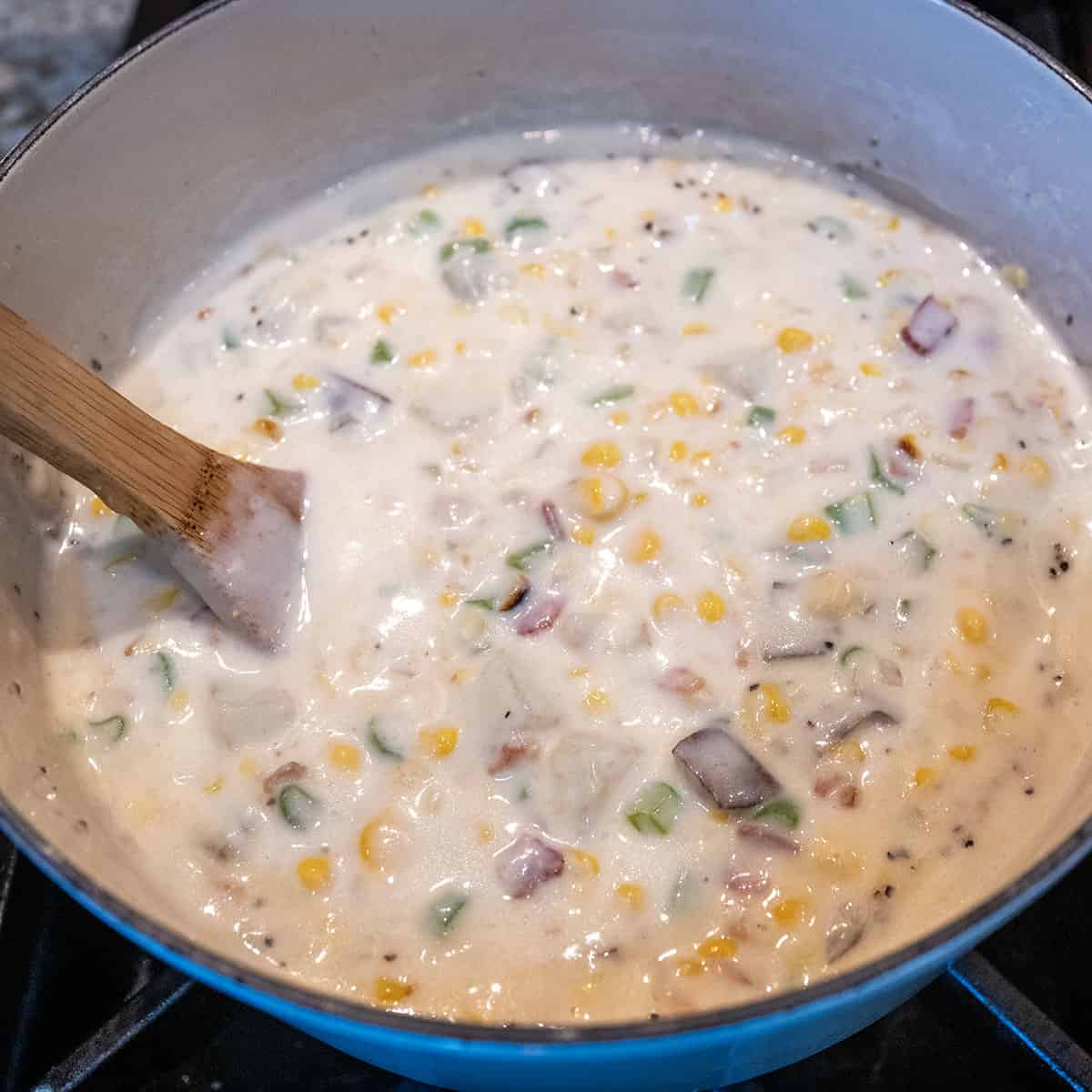 Bacon Corn Chowder thickening in pot.
